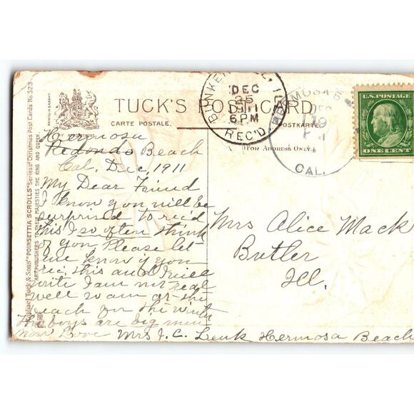 Merry Christmas Postcard Tucks Poinsettias Embossed Series 523 H.M Burnside 1911 - Picture 2 of 2